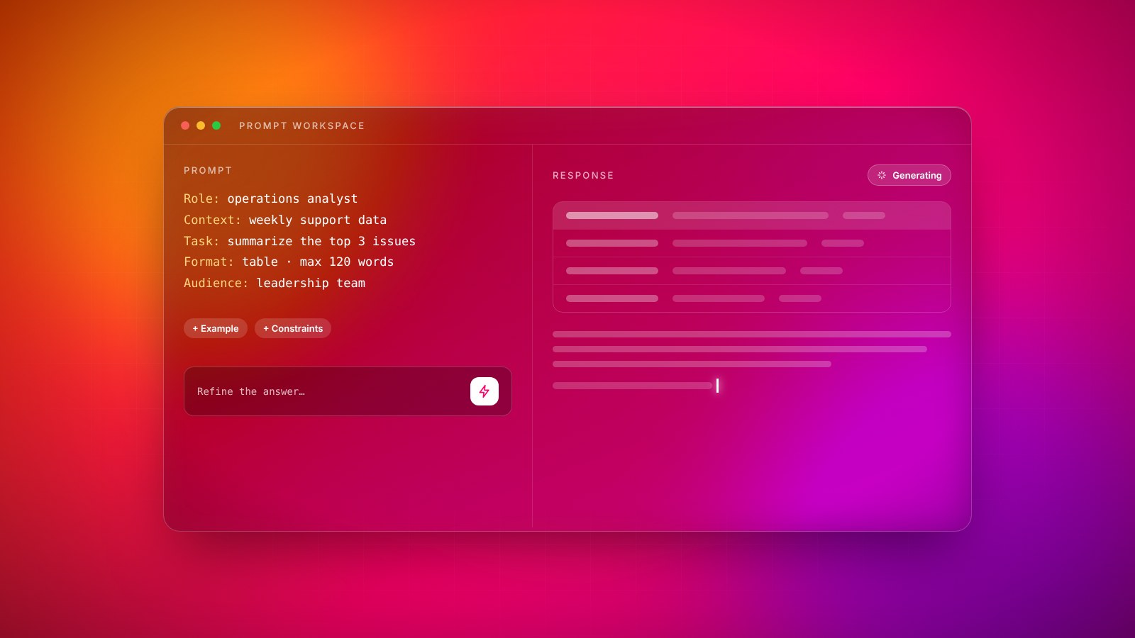 A prompt workspace with a structured prompt on the left and an AI response being generated on the right